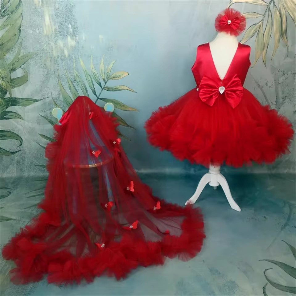 Toddler Girl Tulle Party Dress - Robes à fleurs rouges personnalisées pour