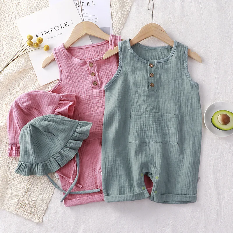 Barboteuse en coton avec chape - Baby Summer Linen Sleeveless Jumpsuit avis et prix